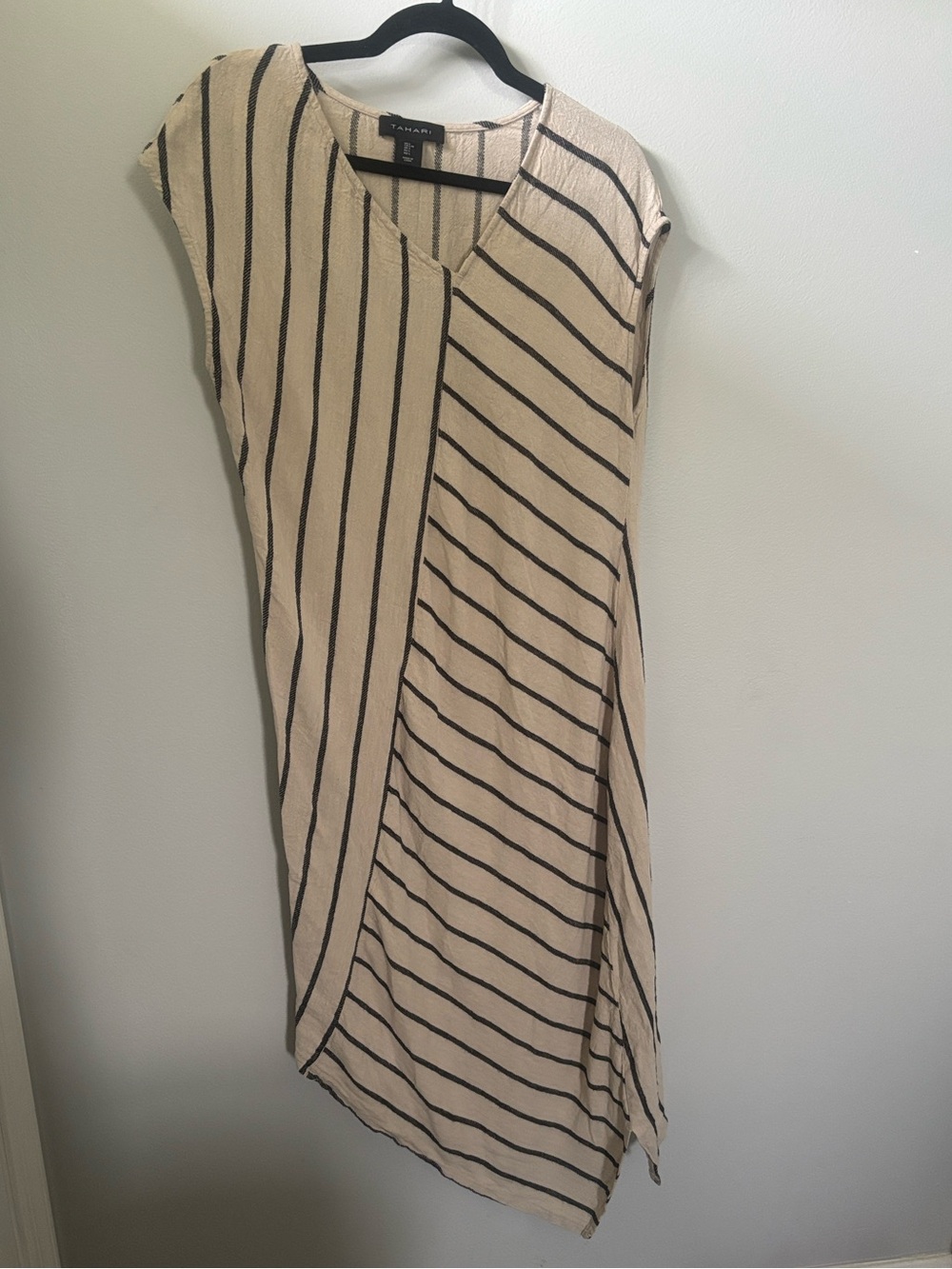 Tahari Linen-Blend Striped Asymmetric Dress in Cream and Black